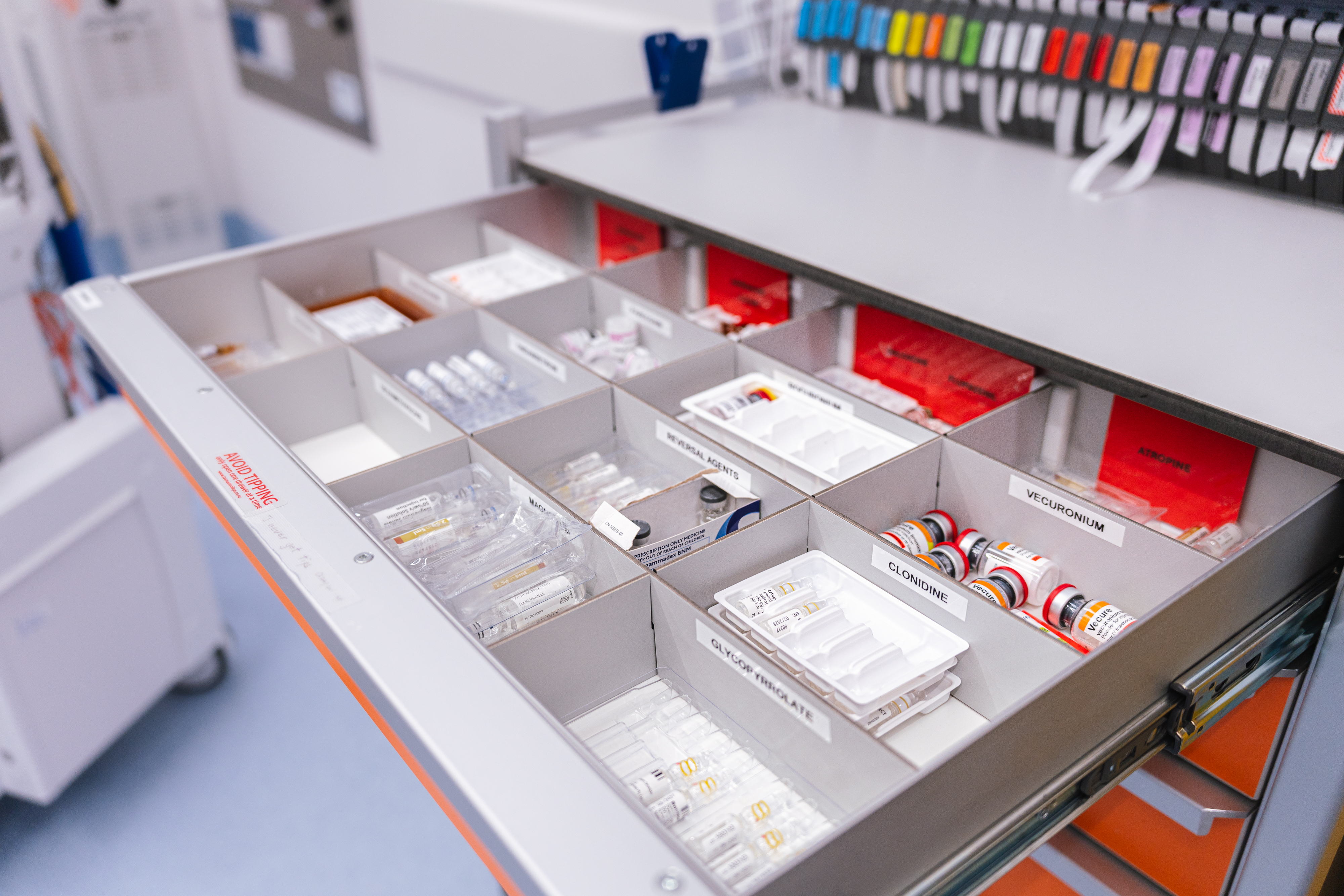 Tasman trolley drawer with dividers organising clinical supplies