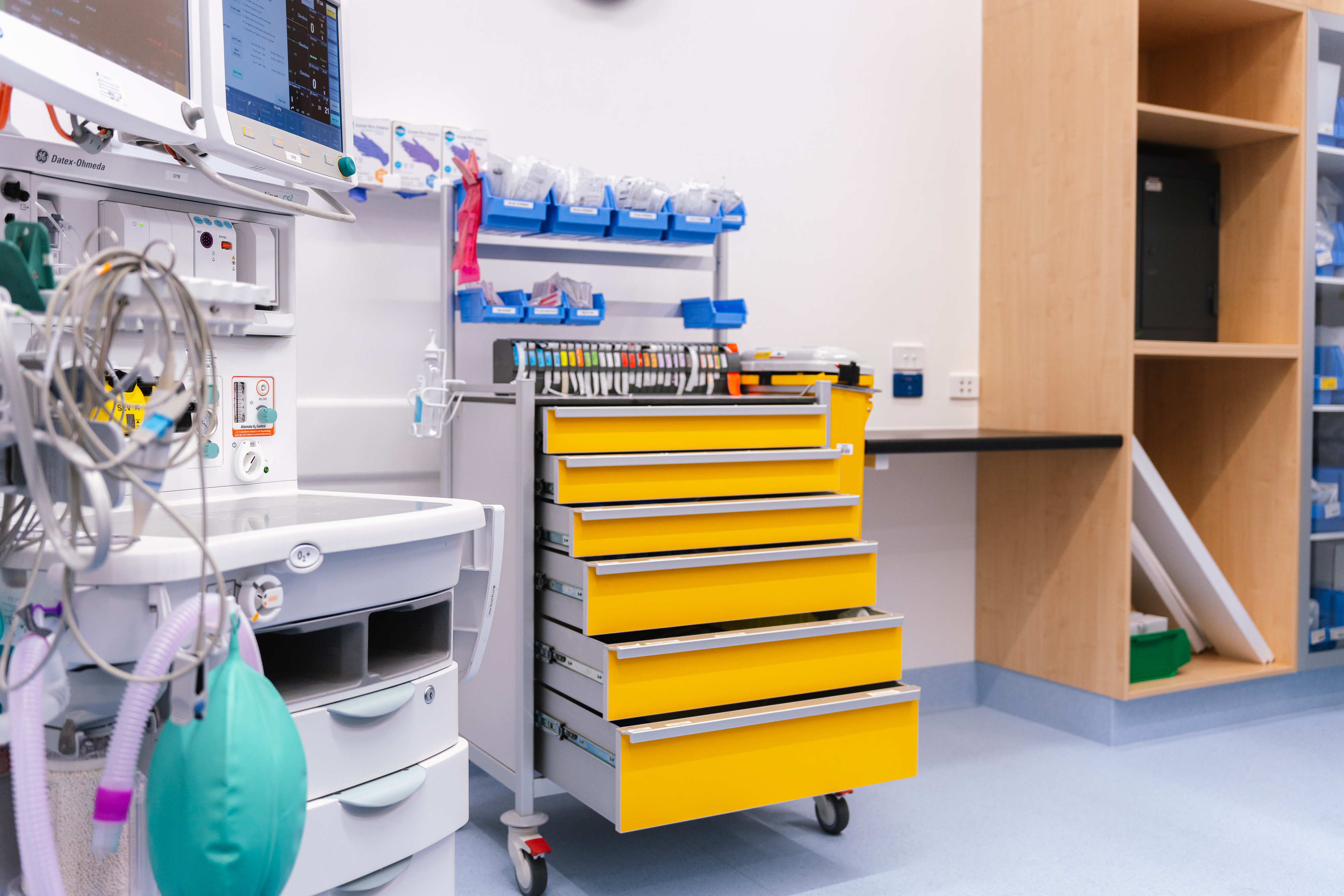 Tasman yellow anaesthetic trolley in a clinical theatre